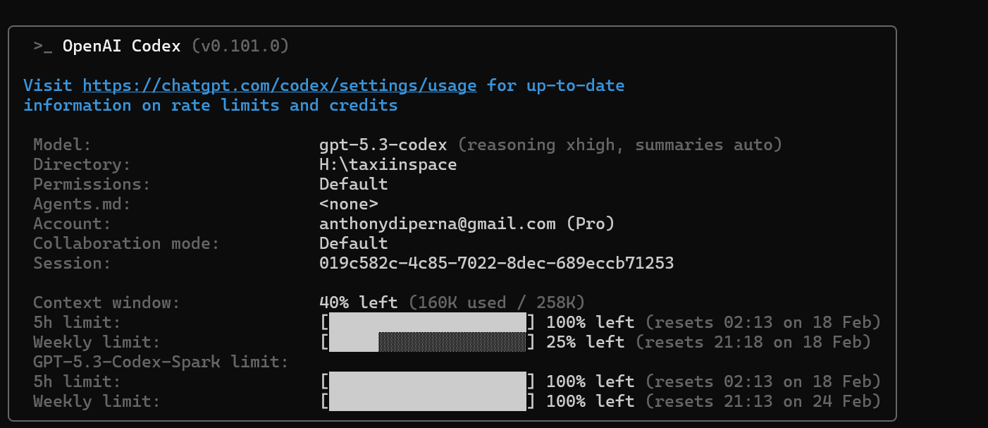 OpenAI Codex at 75% usage (25% remaining) after carrying the full week